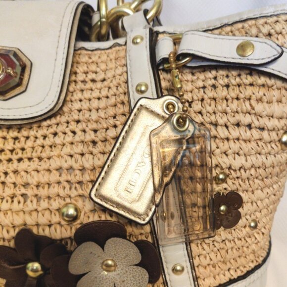 Coach Hamptons Large Natalie Raffia Straw & Leather Tea Roses Tote Bag GUC - Picture 13 of 16